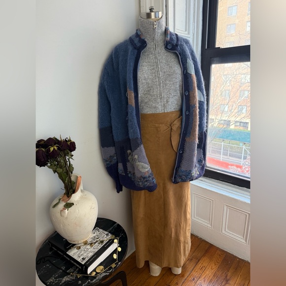 Vintage Wool Mohair Whimsical Cardigan Appliqué Boy & Goose Patchwork Knit - Picture 6 of 17